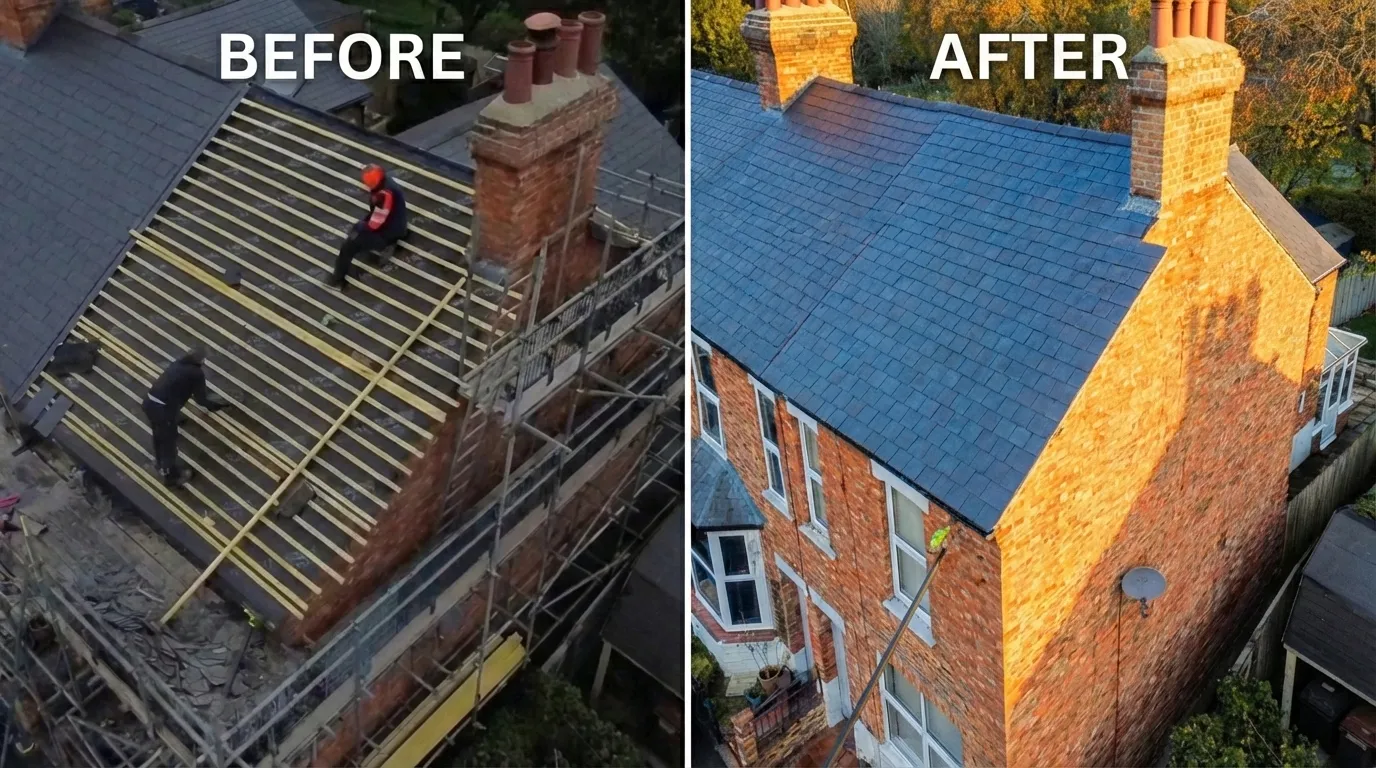 Before and after roof transformation by Stormshield showing quality slate installation in Oxford