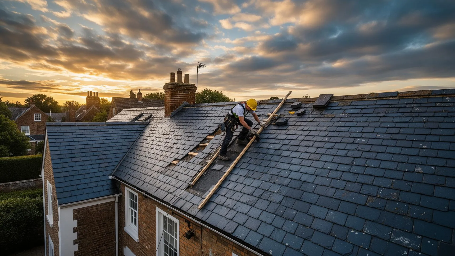 Stormshield roofers installing slate tiles on a residential roof in Buckingham