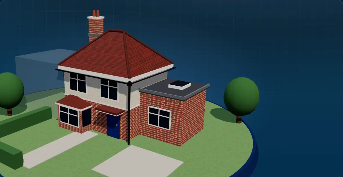 3D model of a semi-detached house with a hipped tiled roof, chimney, bay window, gutters and a flat-roofed extension