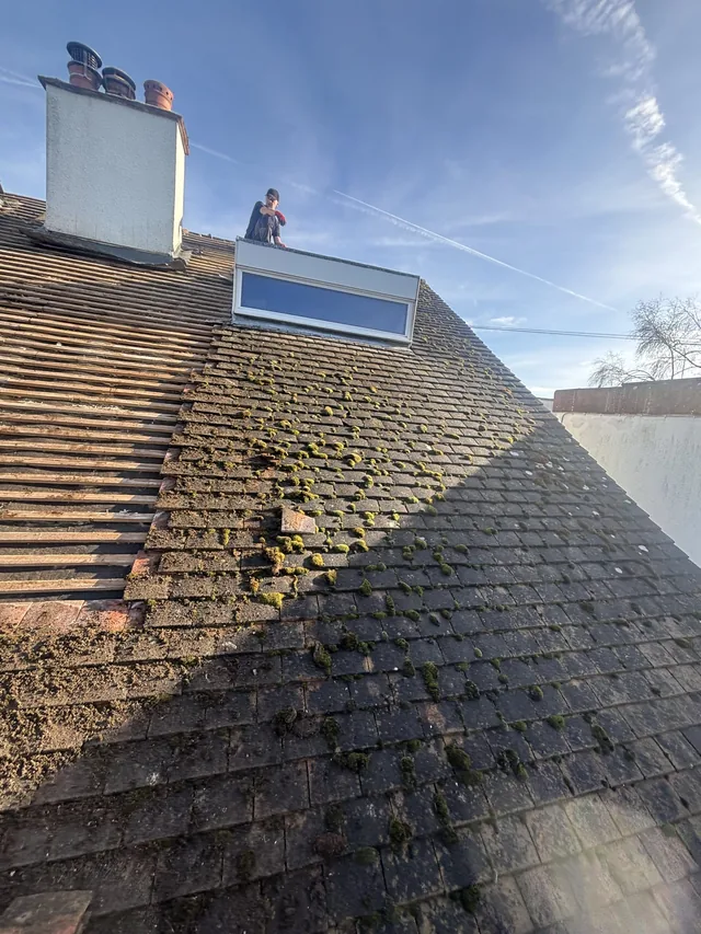 Mossy roof tiles meet stripped battens below a rooflight and a distant worker.