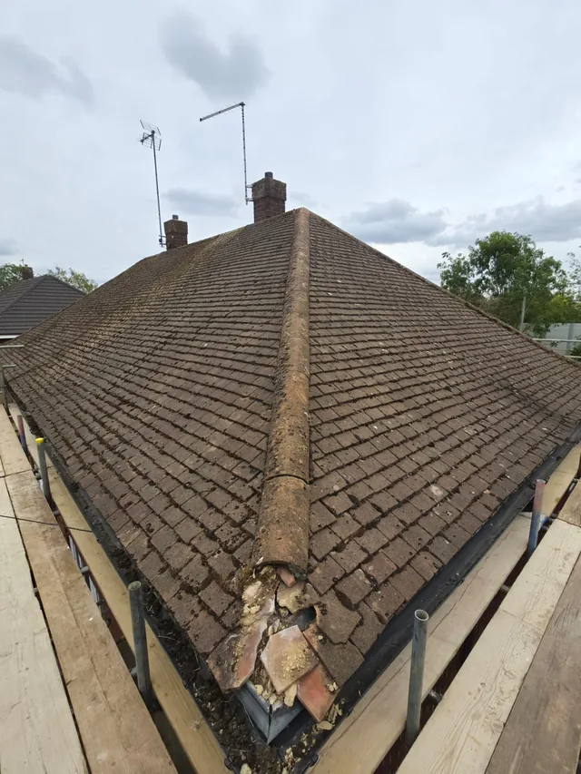 Old hip tiles and crumbling mortar divide two brown roof slopes above scaffolding.