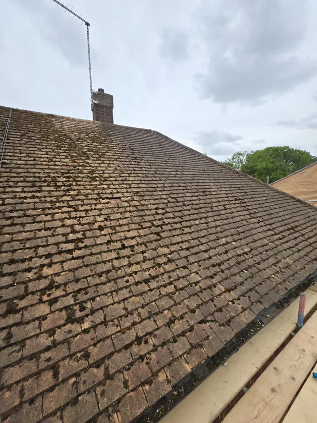 Moss and dark growth streak a tiled roof slope beneath a chimney and aerial.